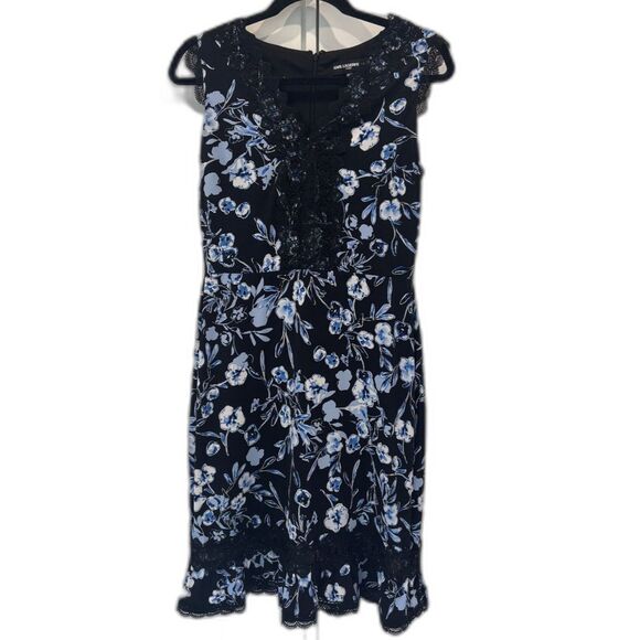 Karl Lagerfeld Dresses & Skirts - Karl Lagerfeld Paris Floral Lace Trim Dress Dark Romantic Blue Black Size 4